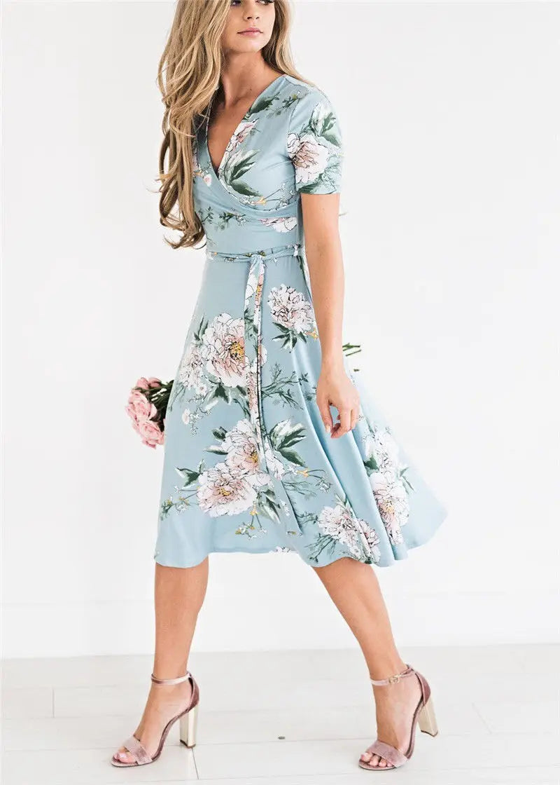 Bohemian V-Neck Floral Summer Dress – Casual Loose Empire Sundress