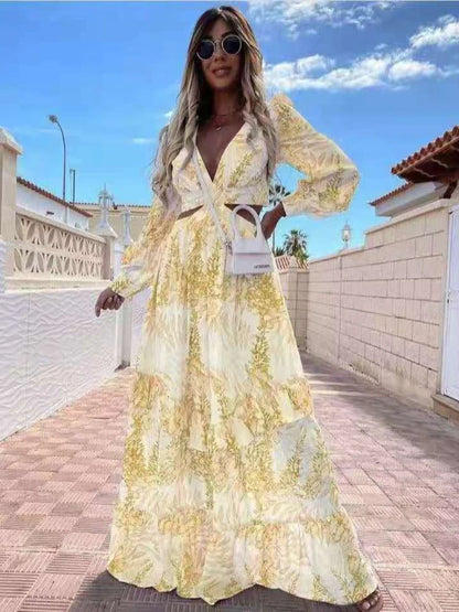 Nuevo vestido de fiesta de verano europeo y americano: elegante vestido de mujer con mangas largas, estampado y calado.