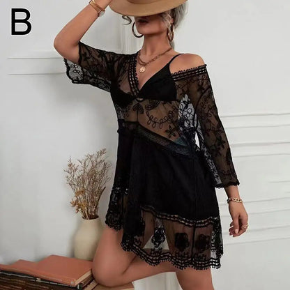 Sexy Mesh Bikini Cover-Up – Women’s Deep V-Neck Lace Hollow Beach Dress