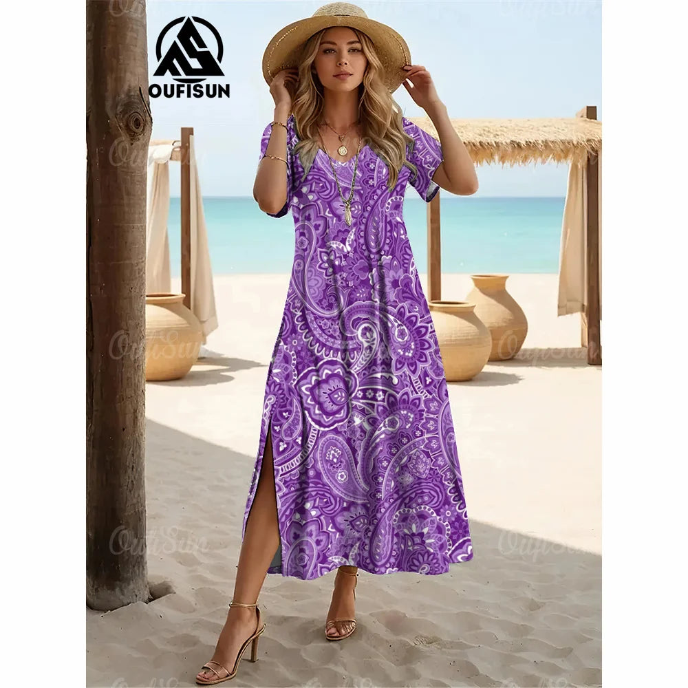 Elegant Women’s Vintage V-Neck Summer Dress – Loose Oversized Long Evening Dress