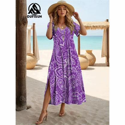 Elegant Women’s Vintage V-Neck Summer Dress – Loose Oversized Long Evening Dress