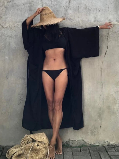 Solid Color Kimono Beach Cover-Up – Women’s Self-Belted Swimsuit Wrap Dress