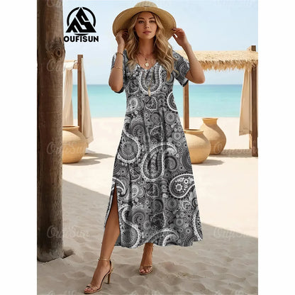 Elegant Women’s Vintage V-Neck Summer Dress – Loose Oversized Long Evening Dress