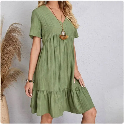 Women’s Peplum Summer Dress – V-Neck Short Sleeve Ruffle Flare Vacation Dress