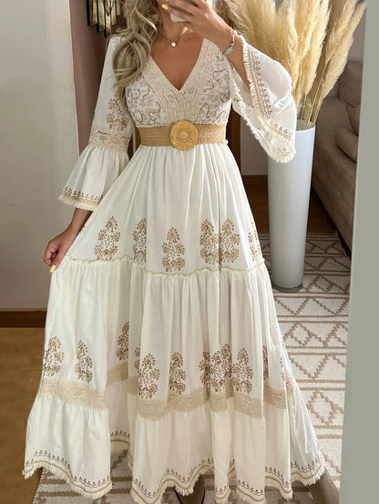 Vestido largo retro con encaje floral y escote en V: elegante vestido festivo con mangas acampanadas para mujer