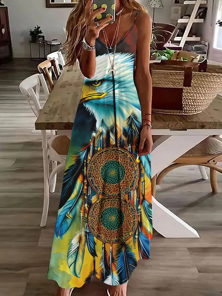 Robe longue à imprimé hibou tribal – Robe d'été vintage sans manches à bretelles spaghetti
