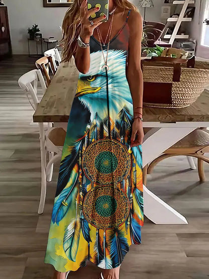 Robe longue à imprimé hibou tribal – Robe d'été vintage sans manches à bretelles spaghetti