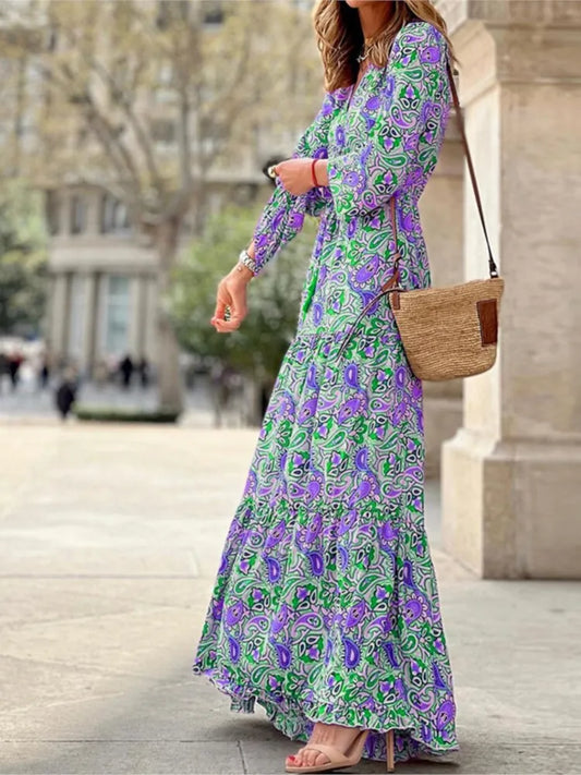 Bohemian V-Neck Tie Waist Maxi Dress - Chic summer dress for women