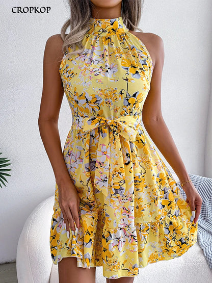 Women’s Floral Printed Halter Dress – Sexy Summer Short Beach Dress