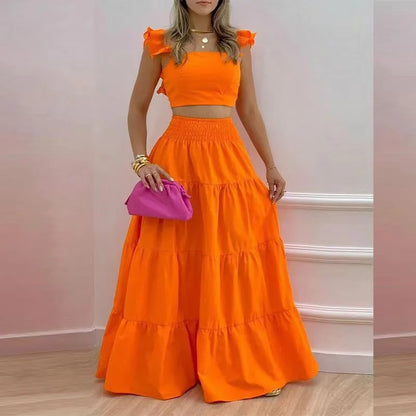 Summer 2-Piece Set – Sexy Solid Maxi Skirt & Loose Top Outfit for Women