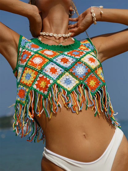 Green Knitted Tassel Crochet Crop Top – Summer Bikini Cover Up for Women