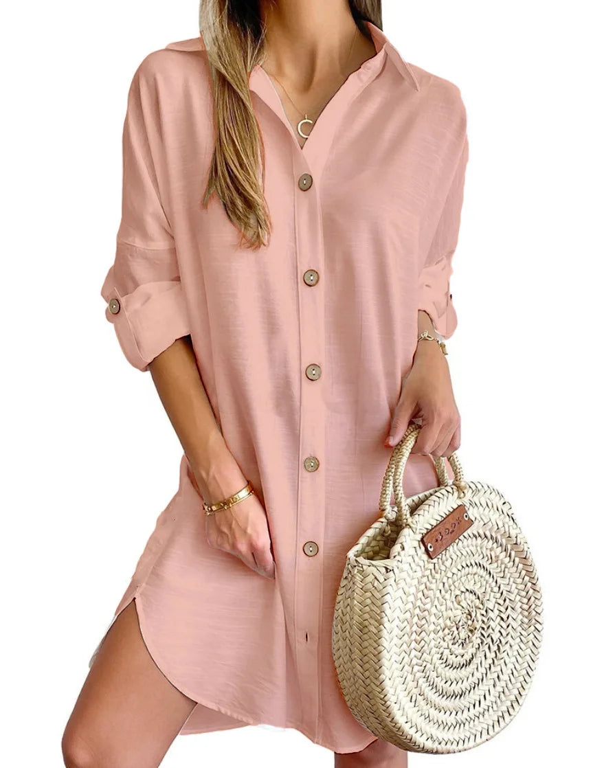 Robe chemise unie boutonnée sur le devant - Manches longues à revers - Robe décontractée printemps-automne pour femme