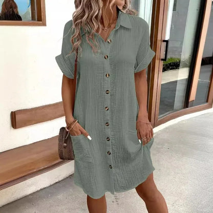 Robe chemise boutonnée d'été en coton et lin pour femme, col en V, avec poches