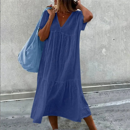 Solid Color Cotton Linen Midi Dress for Women – Casual V-Neck Short Sleeve Loose Fit