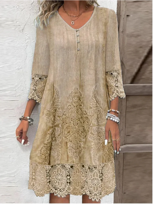 Elegant Lace Print V-Neck Dress - Chic summer dress for women
