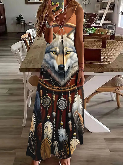 Robe longue à imprimé hibou tribal – Robe d'été vintage sans manches à bretelles spaghetti