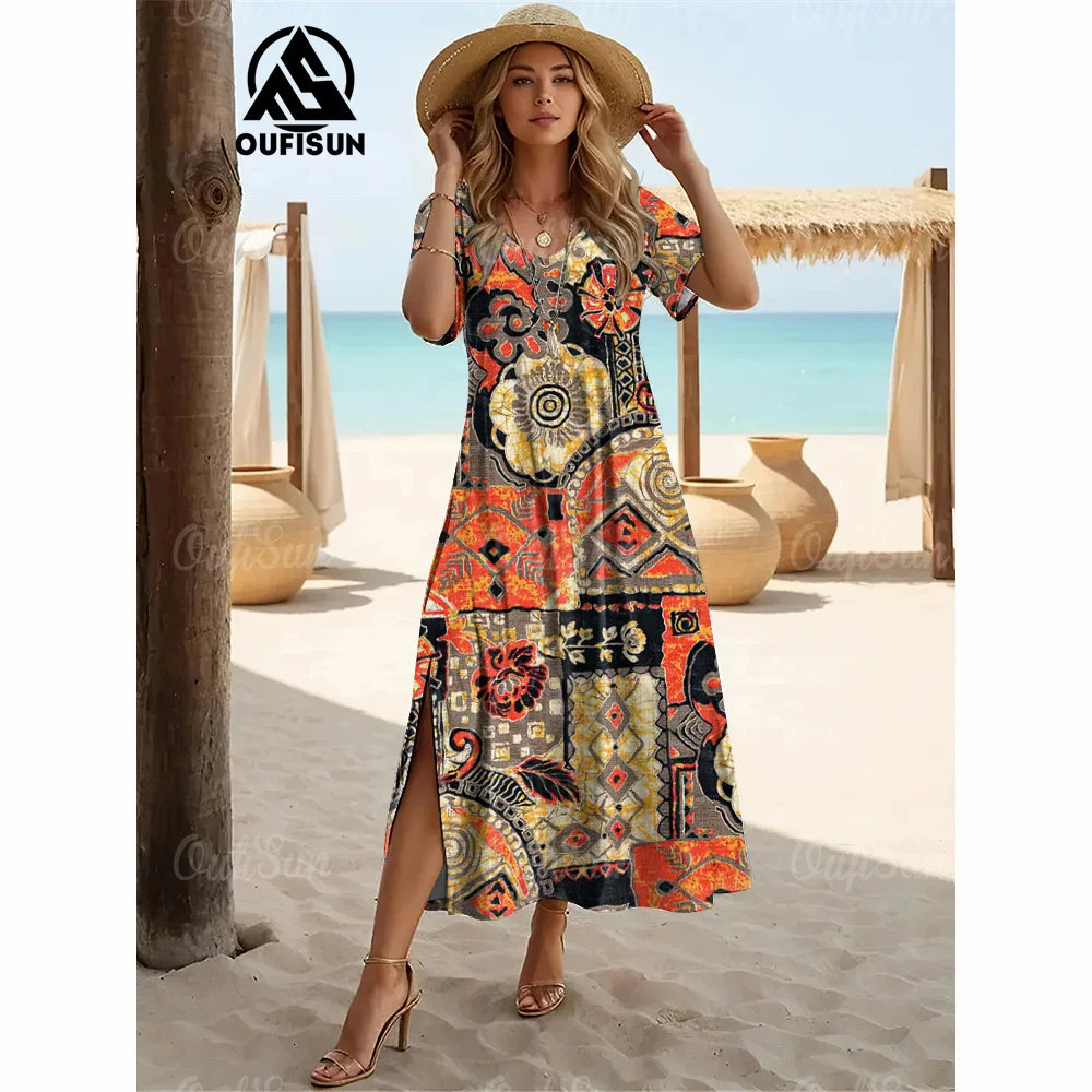 Elegant Women’s Vintage V-Neck Summer Dress – Loose Oversized Long Evening Dress