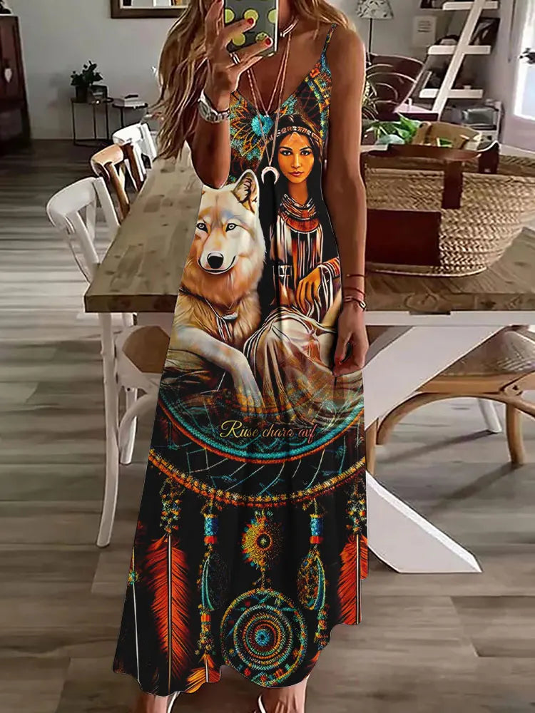 Robe longue à imprimé hibou tribal – Robe d'été vintage sans manches à bretelles spaghetti