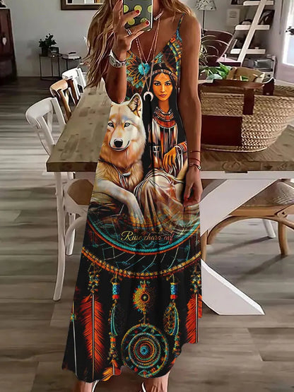 Robe longue à imprimé hibou tribal – Robe d'été vintage sans manches à bretelles spaghetti