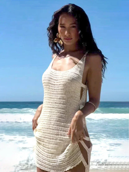 U-Neck Striped Knit Mini Dress – Sexy Sleeveless Cut-Out Beach Cover Up