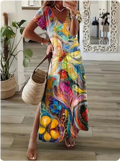 Geometric Print T-Shirt Maxi Dress – Casual Summer A-Line Dress with Short Sleeves