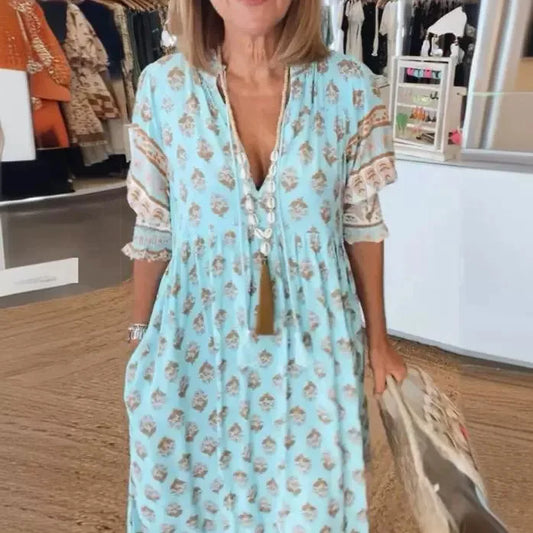Bohemian Lantern Sleeve V-Neck Long Dress Women’s Spring Summer Beach Dress - Chic summer dress for women
