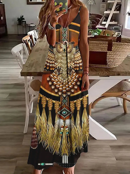 Robe longue à imprimé hibou tribal – Robe d'été vintage sans manches à bretelles spaghetti