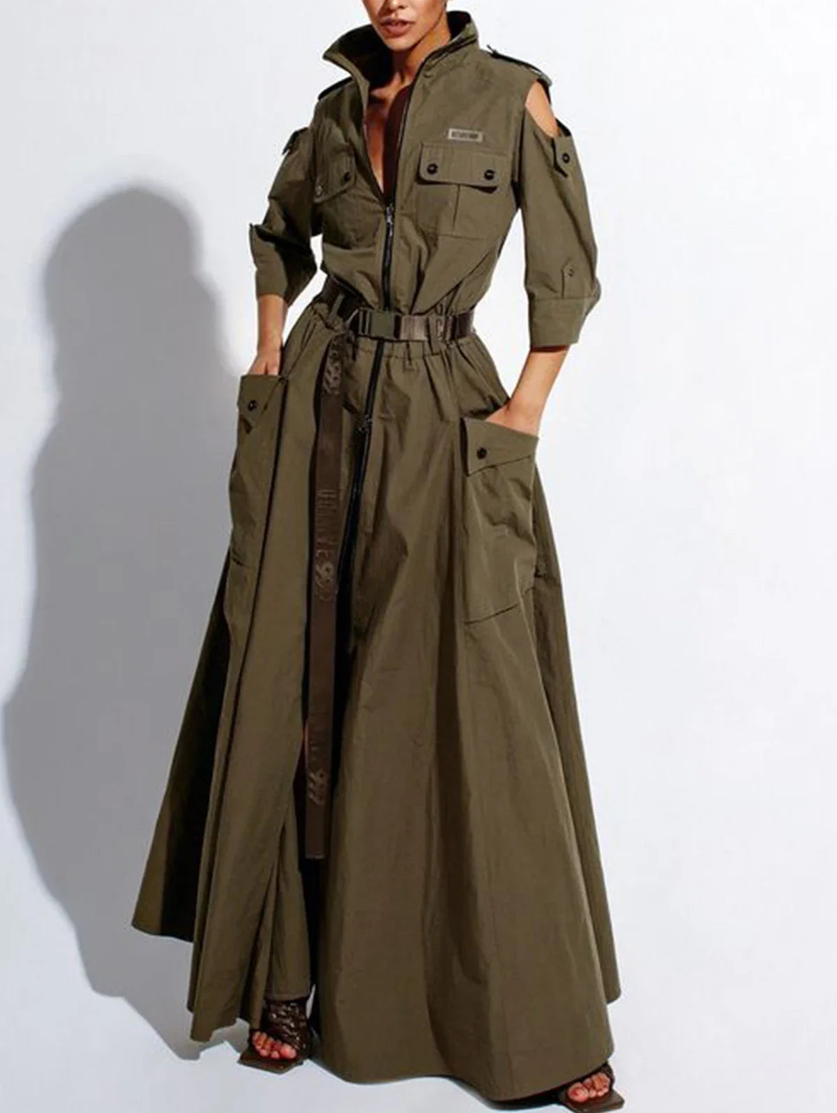 Robe longue rétro à épaules dénudées pour femme – Col rabattu et taille haute