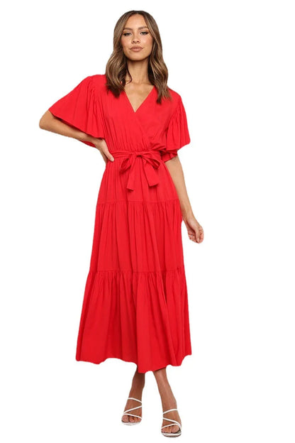 Robe à volants tendance pour femme, couleur unie, col en V sexy et manches à lacets