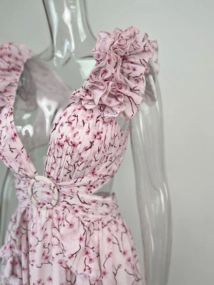 Women’s Sleeveless Hollow-Out Slim Fit V-Neck Floral Backless Dress