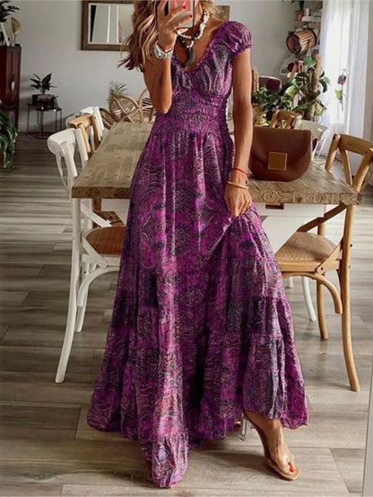Summer Ethnic Printed A-Line Dress – Floral Petal Sleeves & Waist Detail