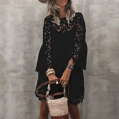 Lace Hollow Floral Dress – Elegant Long Sleeve Knee-Length Autumn Dress