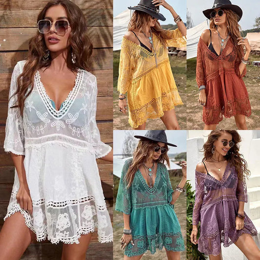 Five-Color Lace Bikini Cover Ups for Women – Sun Protection Kimono Sarong Dress