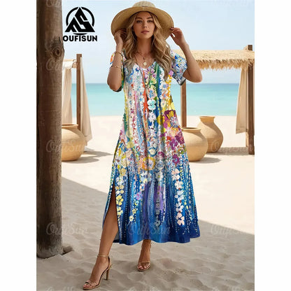 Elegant Women’s Vintage V-Neck Summer Dress – Loose Oversized Long Evening Dress
