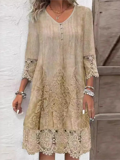 Vestido de encaje liso con cuello en V y botones: vestido informal holgado para oficina y vacaciones.