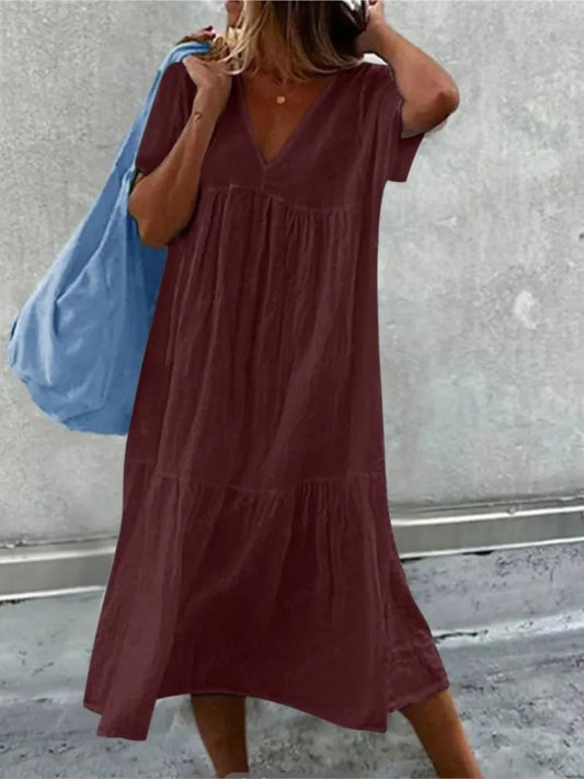 Solid Color Cotton Linen Midi Dress for Women - Chic summer dress for women