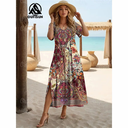 Elegant Women’s Vintage V-Neck Summer Dress – Loose Oversized Long Evening Dress