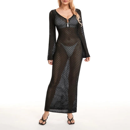 Yiiciovy Sexy Long Knit Hollow-Out Deep V-Neck Beach Cover-Up Dress