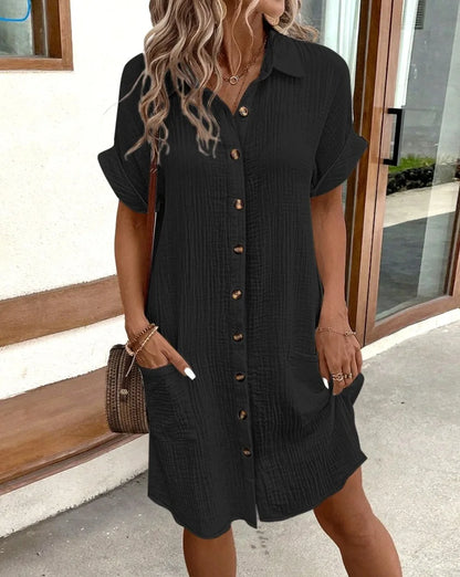 Robe chemise boutonnée d'été en coton et lin pour femme, col en V, avec poches