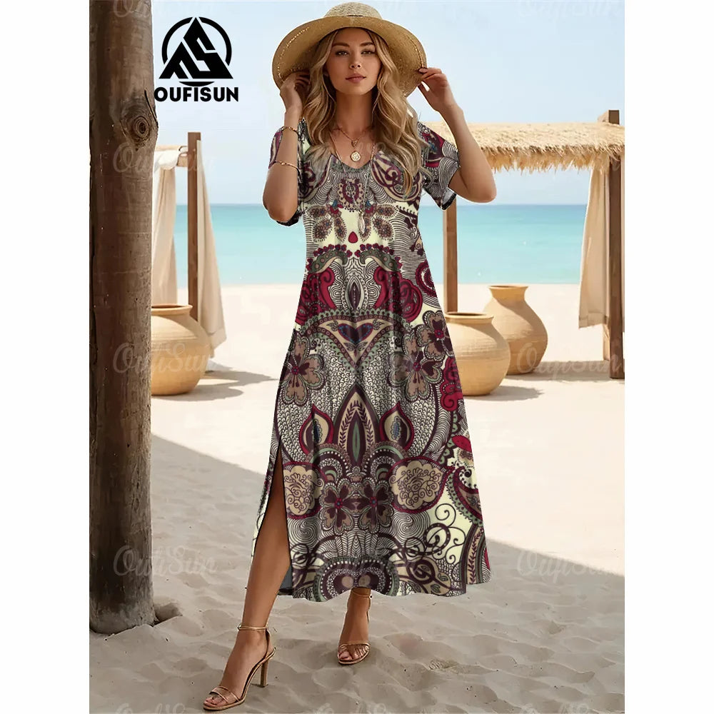 Elegant Women’s Vintage V-Neck Summer Dress – Loose Oversized Long Evening Dress