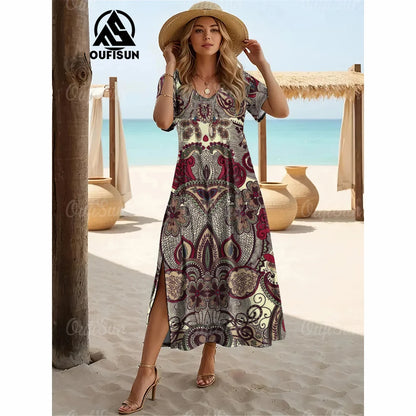 Elegant Women’s Vintage V-Neck Summer Dress – Loose Oversized Long Evening Dress