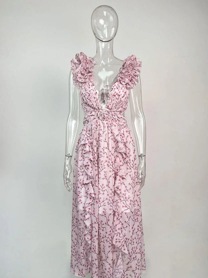 Women’s Sleeveless Hollow-Out Slim Fit V-Neck Floral Backless Dress