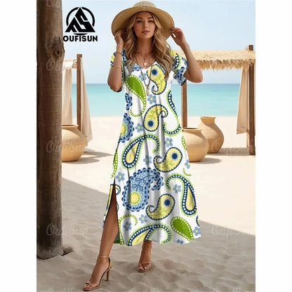 Elegant Women’s Vintage V-Neck Summer Dress – Loose Oversized Long Evening Dress
