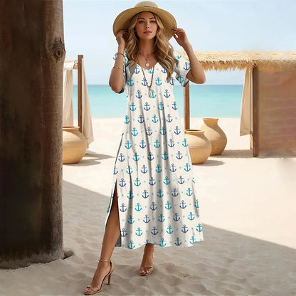 Vestido midi con estampado de ancla para mujer: elegante vestido vacacional de manga corta 