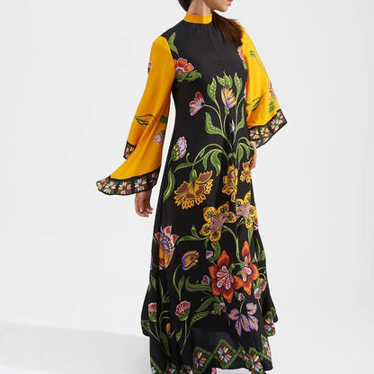 Robe imprimée élégante à col montant – Robe décontractée taille haute à manches longues et ample