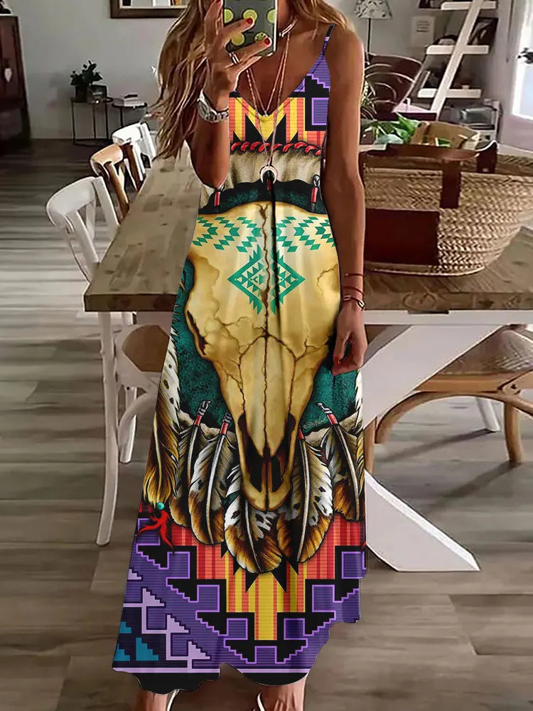 Robe longue à imprimé hibou tribal – Robe d'été vintage sans manches à bretelles spaghetti