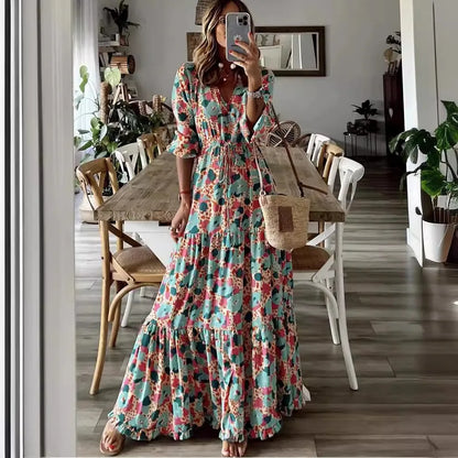 Elegant Women’s Flower Long Dress – Spring Bohemian Printed Abiye Dress