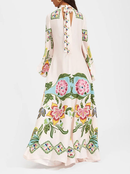 Robe imprimée élégante à col montant – Robe décontractée taille haute à manches longues et ample