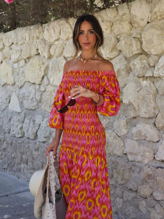 Women’s Summer Off-Shoulder Ruffle Pleated Midi Dress with Puff Sleeves - Chic summer dress for women