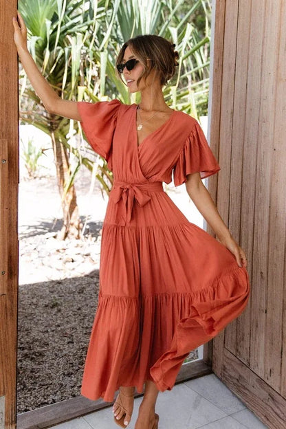 Robe à volants tendance pour femme, couleur unie, col en V sexy et manches à lacets